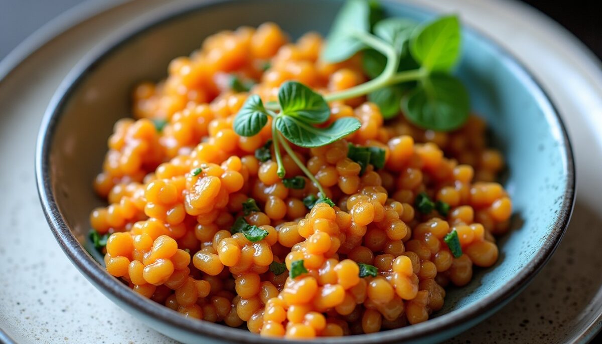 Dahl de lentilles corail à la patate douce, épinards frais et lait de coco onctueux