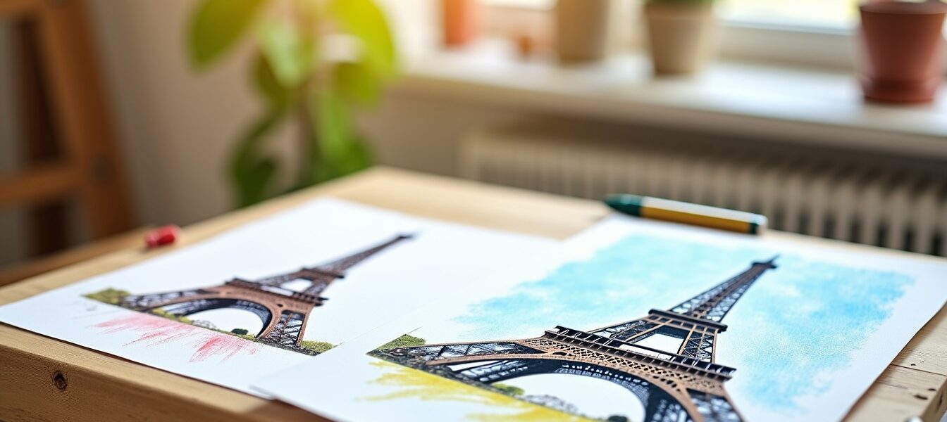 Apprenez à dessiner la Tour Eiffel : version simple pour enfants et illustration réaliste en couleurs
